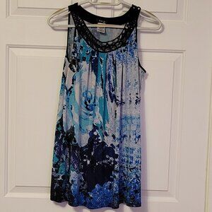 EUC Abstract Floral Print Top/Tunic With Ribbon Neckline